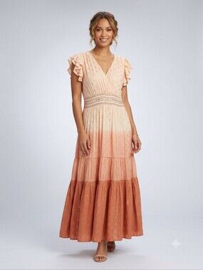 Sweet Magnolia Ombre Gold Foil Boho Maxi Dress Size L Boho Festival